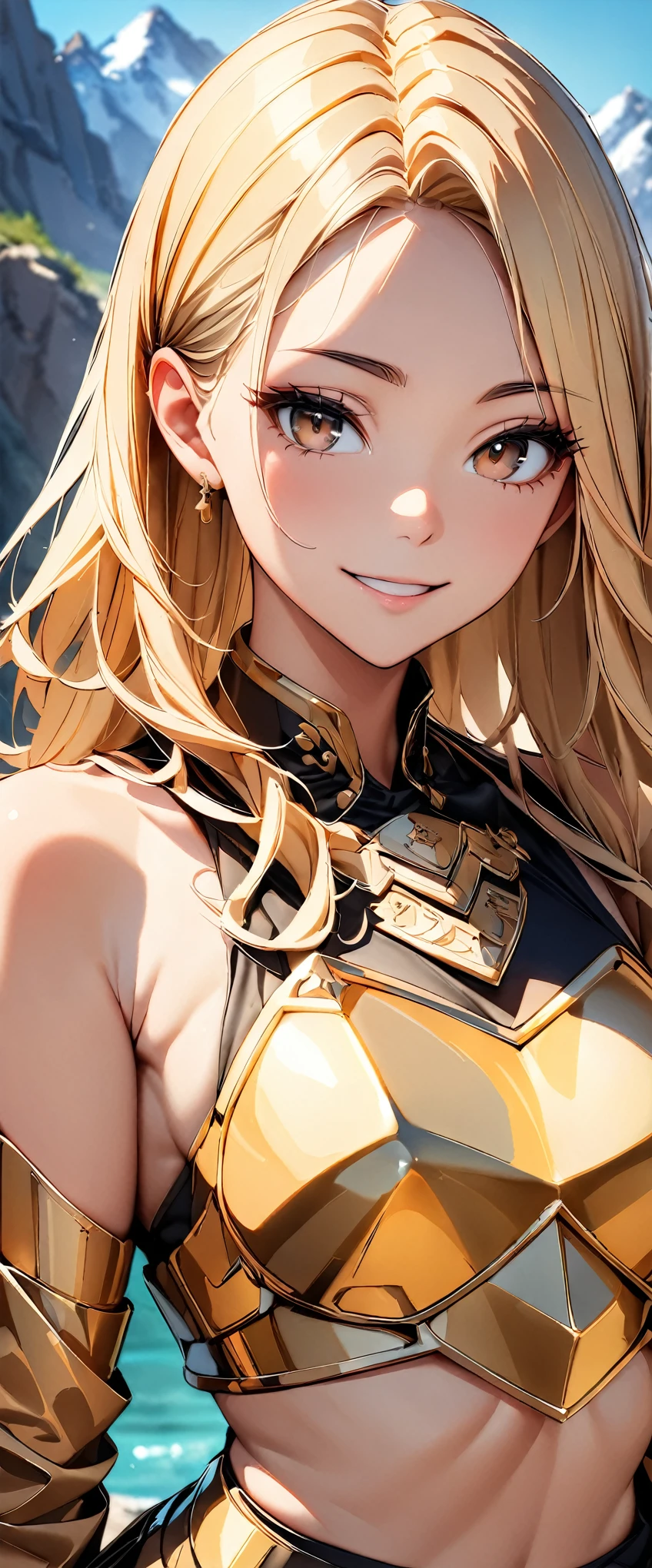 ((highest quality, 8k, masterpiece :1.3)), One girl, smile, whole body, Slim face, Beautiful woman, (Blonde), Portrait of a warrior :1.1, ((Luxurious gold armor, breastplate)), Highly detailed face, Fine grain, double eyelid, Dragon Slayer, Dragon Slayer Girl, Warrior Woman, Blur the background, Slim face, Rocky Mountain, outside, On the Cliff,