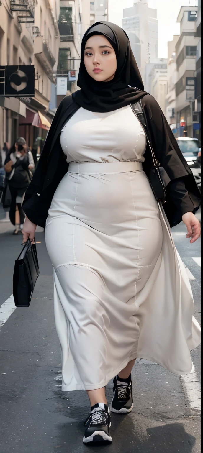 Milky white skin woman in black dress and hijab walking down the street, ,  hijab outfit, ,  hijab fashion model, plus size, plus size woman, ,  woman in black robes, beautiful woman, thicc, black outfit,, bbwchan , white sneakers , Height 170 cm, beautiful woman, with a beautiful appearance, a very beautiful masterpiece, a masterpiece of art, good lighting, Bright colors, Clean lines