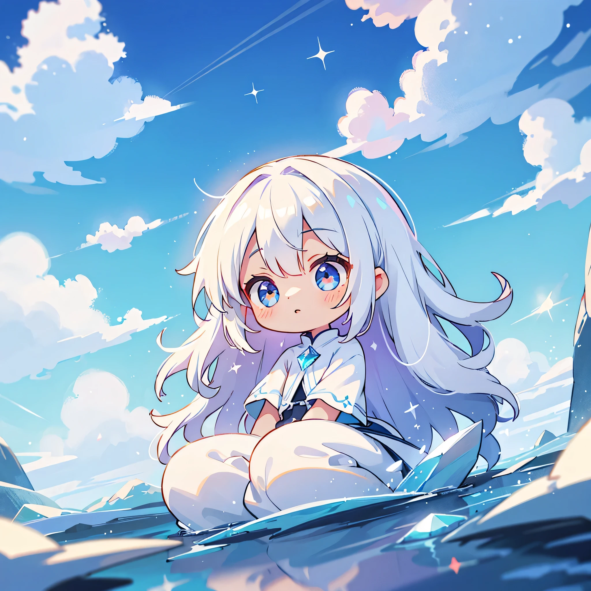 wallpaper,dynamic angle,dynamic lighting,((interesting detailed background)),(light reflections),depth of field, cinematic lighting, sparkle, glowing light, god rays, 8k,1girl, chibi, kawaii,white hair,flowy hair,white glowing crystal eyes,silky white clothes, on a cloud,cloud world,a world full of clouds,glowing white crystals,magical world,cloud kingdom