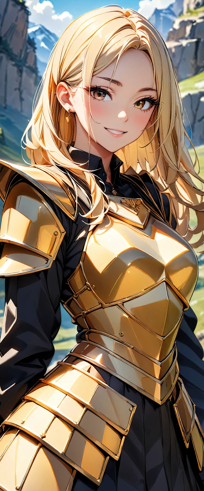 ((highest quality, 8k, masterpiece :1.3)), One girl, smile, whole body, Slim face, Beautiful woman, (Blonde), Portrait of a warrior :1.1, ((Luxurious gold armor, breastplate)), Highly detailed face, Fine grain, double eyelid, Dragon Slayer, Dragon Slayer Girl, Warrior Woman, Blur the background, Slim face, Rocky Mountain, outside, On the Cliff,