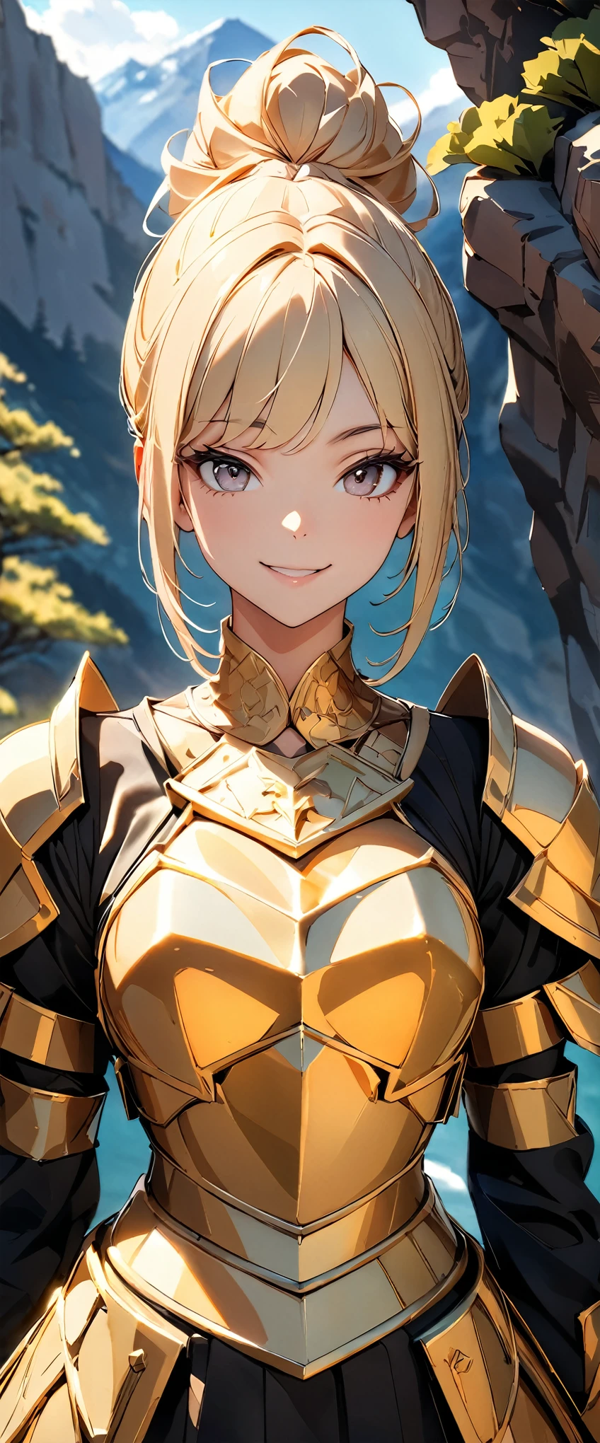 ((highest quality, 8k, masterpiece :1.3)), One girl, smile, whole body, Slim face, Beautiful woman, (Blonde), Portrait of a warrior :1.1, ((Luxurious gold armor, breastplate)), Highly detailed face, Fine grain, double eyelid, Dragon Slayer, Dragon Slayer Girl, Warrior Woman, Blur the background, Slim face, Rocky Mountain, outside, On the Cliff,