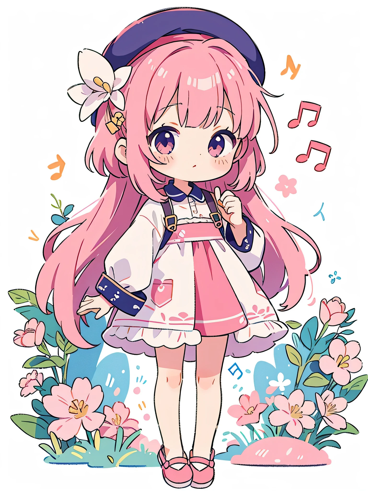 Momoko Sakura style, Masterpiece, best quality, transparent background, 1girl , chibi, colour, musical notes, headwear ,