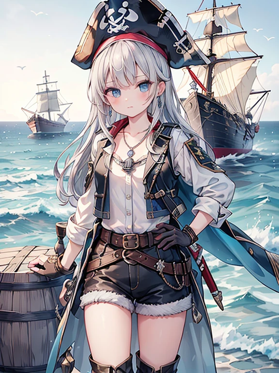 masterpiece, highest quality, Very detailed, 16k, Ultra-high resolution, Cowboy Shot, Detailed face, Perfect Fingers, One female, aged 14, blue eyes, Silver Hair, Long Hair, jewelry, belt, necklace, bracelet, earrings, pirate hat/bandana/headband, open clothes/shirt/vest/coat, boots, gloves, holding weapon, gun, knife, sword, ship, barrel, ocean