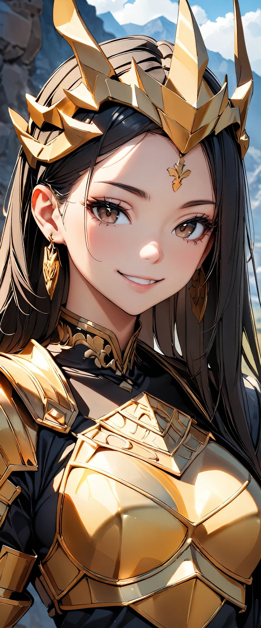 ((highest quality, 8k, masterpiece :1.3)), One girl, smile, whole body, Slim face, Beautiful woman, (Black Hair), Portrait of a warrior :1.1, ((Luxurious gold armor, breastplate)), Highly detailed face, Fine grain, double eyelid, Dragon Slayer, Dragon Slayer Girl, Warrior Woman, Blur the background, Slim face, Rocky Mountain, outside, On the Cliff,