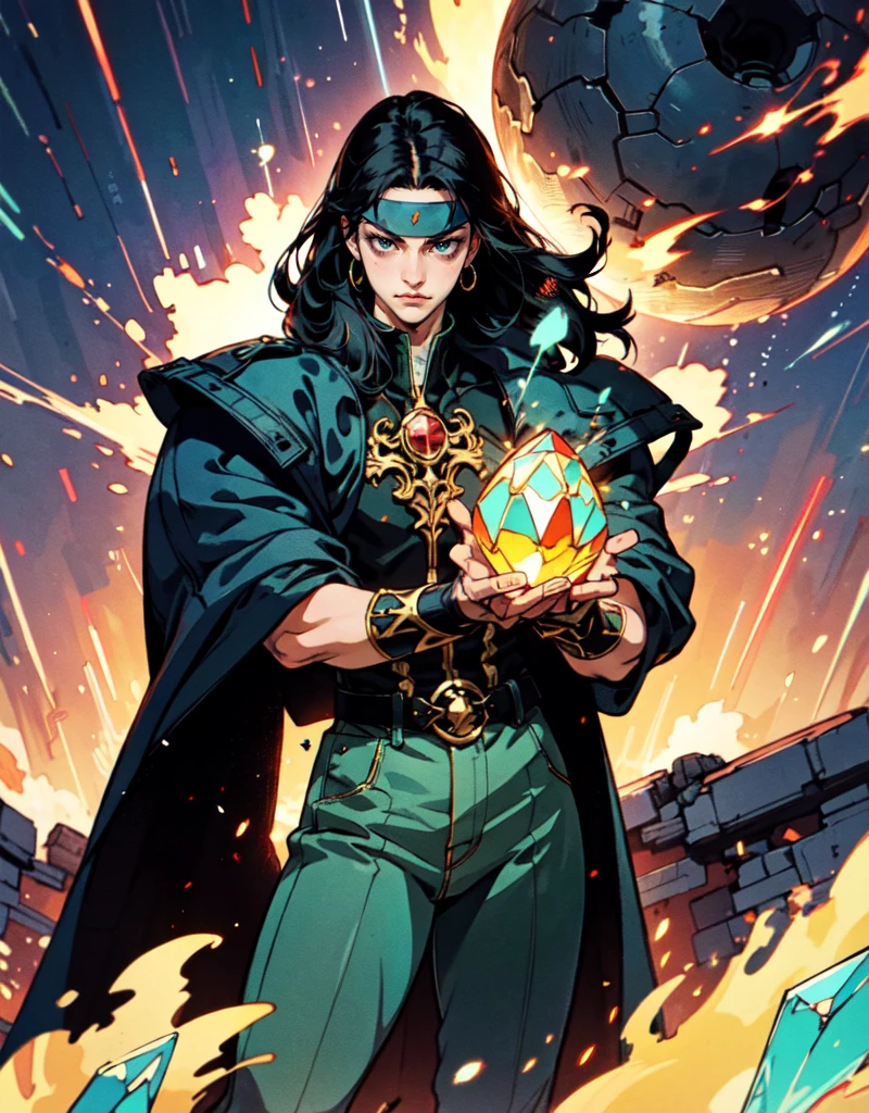 A middle-aged man with long black hair, a metal forehead protector, large triangular eyes, square stubble, a long face, a dignified expression, a tall physique, a luxurious fantasy-style coat adorned with golden patterns and a green crystal in the center, wide short sleeves, metal wrist guards, two-tone linen trousers, thick cloth shoes, the backdrop of a completely black fantasy-style fortress, this character embodies a finely crafted fantasy-style overlord in anime style, exquisite and mature manga art style, dramatic, high definition, best quality, highres, ultra-detailed, ultra-fine painting, extremely delicate, professional, perfect body proportions, golden ratio, anatomically correct, symmetrical face, extremely detailed eyes and face, high quality eyes, creativity, RAW photo, UHD, 32k, Natural light, cinematic lighting, masterpiece-anatomy-perfect, masterpiece:1.5 Cinematic, Hyper-detailed, insane details, Beautifully color graded, Unreal Engine, DOF, Super-Resolution, Megapixel, Cinematic Lightning, Anti-Aliasing, FKAA, TXAA, RTX, SSAO, Post Processing, Post Production, Tone Mapping, CGI, VFX, SFX, Insanely detailed and intricate, Hyper maximalist, Hyper realistic, Volumetric, Photorealistic, ultra photoreal, ultra-detailed, intricate details, 8K, Super detailed, Full color, Volumetric lightning, HDR, Realistic, Unreal Engine, 16K, Sharp focus, octane render --v testp