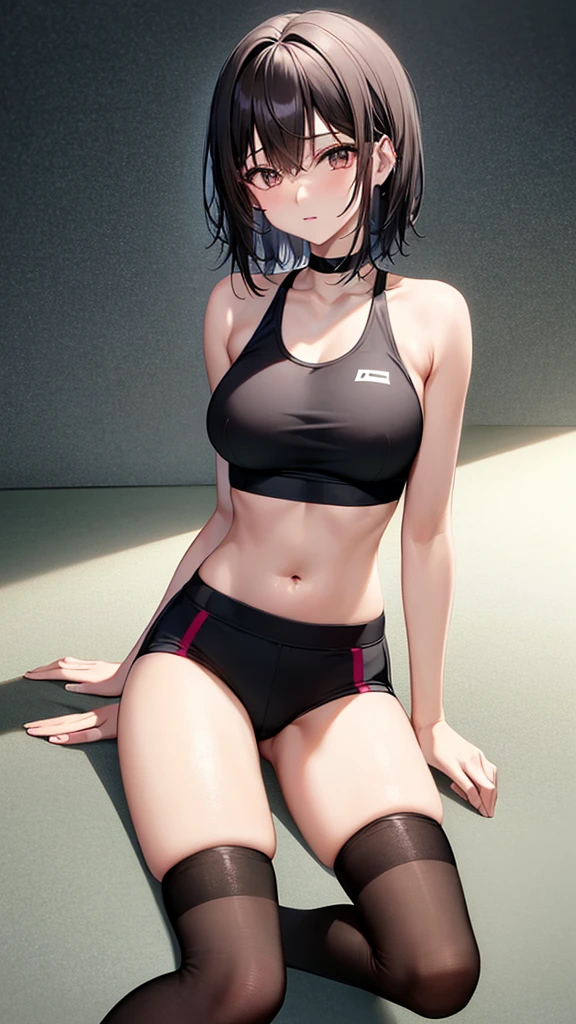 av idol. 25-years-old korean girl. slender and medium breast. brown eyes. short black hair and bangs in the front. Wearing sports bra and panties, long thigh socks and sneakers in a dark gym at night, nobody, jumping