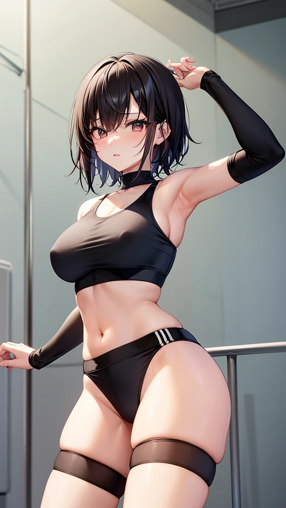av idol. 25-years-old korean girl. slender and medium breast. brown eyes. short black hair and bangs in the front. Wearing sports bra and panties, long thigh socks and sneakers in a dark gym at night, nobody, jumping