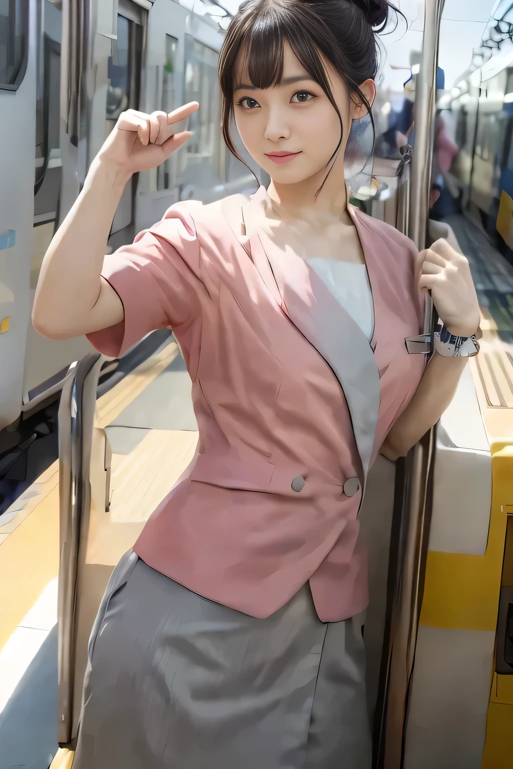 (masterpiece:1.2, highest quality:1.2), 32K HDR, High resolution, (alone、1 girl)、（On the rooftop of a building in the daytime、Professional Lighting）、Building rooftop background、（Nankai train crew uniform pinkを着たリアルスタイル）、（Nankai train crew uniform pink short sleeve pink jacket、Nankai Train Crew Uniform Pink Collarless Short Sleeve Blouse、Nankai Train crew uniform pinkのグレー色のキュロットスカート）、Dark brown hair、（Hair tied up、Hair Bun、Hair Bun）、Dark brown hair、Long Shot、Big Breasts、Thin legs、（（Great hands：2.0）），（（Harmonious body proportions：1.5）），（（Normal limbs：2.0）），（（Normal finger：2.0）），（（Delicate eyes：2.0）），（（Normal eyes：2.0））)、smile、（Nankai Train crew uniform pinkのグレー色のキュロットスカートを見せた美しい歩く姿）、Keep your hands natural