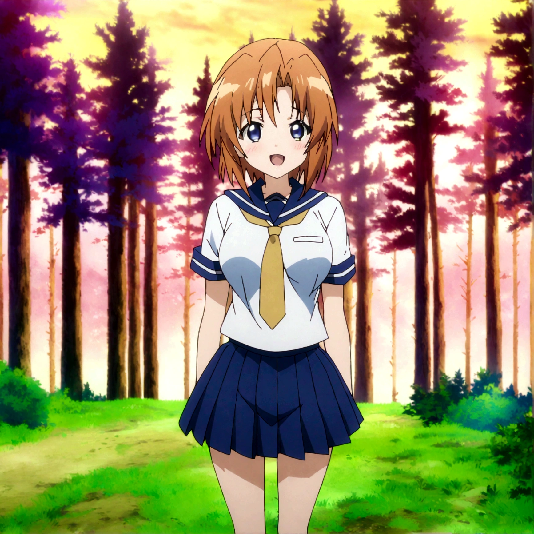 score_9, score_8_up, score_7_up, score_6_up, source_anime, anime screencap, anime coloring, 1girl, ryuuguu rena, solo, teenage, kawaii, breasts, medium breasts, blue eyes, blush, open mouth, orange hair, short hair, big breasts, simple background, white background, blue , serafuku, skirt, smile, pleated skirt, blue skirt, necktie, yellow necktie,fullbody,stretch,straight-on,looking at viewer,standing,forest,sunset,