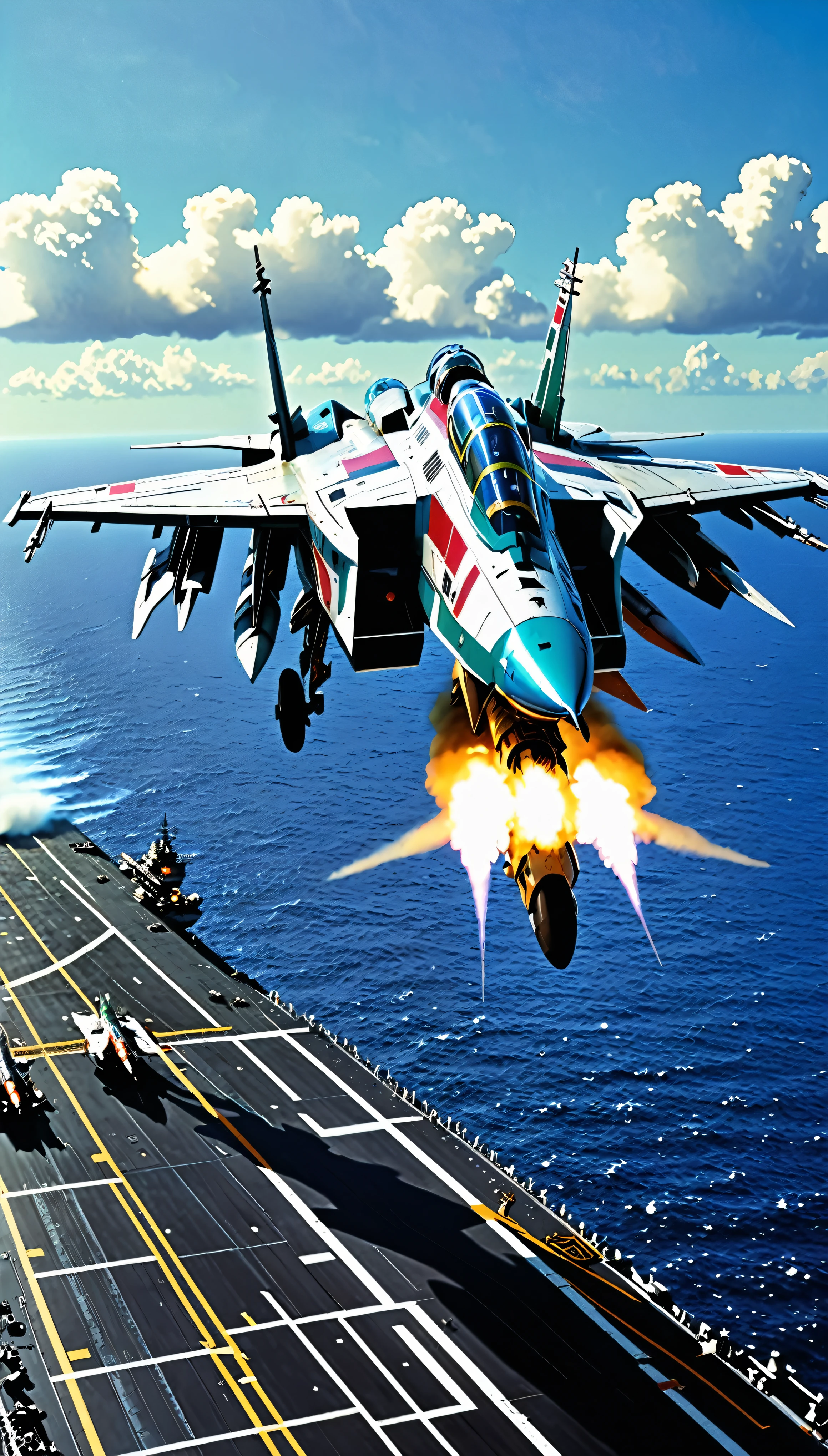 A scene from a movie,Scene from Macross F where the Macross VF-01 takes off from an aircraft carrier moving freely through the air,with high definition images,