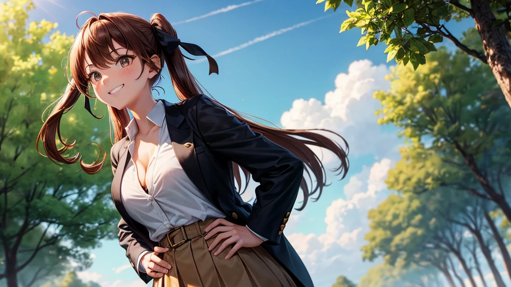 1girl, full body, solo, summer, village, trees, sun, clouds, ((chestnutl hair)), long hair, twintail, large breasts, ((black blazer)), button down shirt, ((white shirt)), ((short sleeved shirt)), ((unbuttoned shirt)), unbuttoning buttons, cleavage 1:3, brown eyes, skirt, grin, looking at the viewer, standing, touching neck, hair ribbon, golden necklate, hands on hip