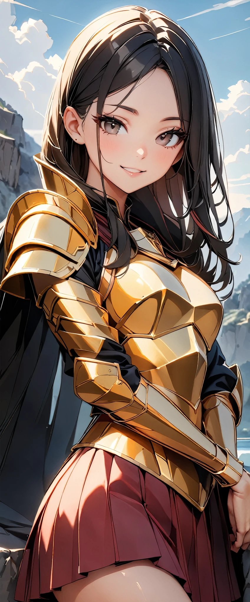 ((highest quality, 8k, masterpiece :1.3)), One girl, smile, whole body, Slim face, Beautiful woman, (Black Hair), Portrait of a warrior :1.1, ((Luxurious gold armor, breastplate)), Highly detailed face, Fine grain, double eyelid, Dragon Slayer, Dragon Slayer Girl, Warrior Woman, Blur the background, Slim face, Rocky Mountain, outside, On the Cliff,