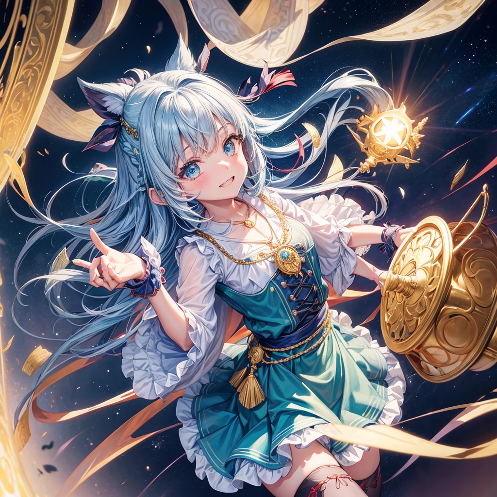 Aqua blue hair、Golden Eyes、Braid、One good looking girl、solo、anime、Checkered mini skirt、Ruffles on the skirt、Red T-shirt、Cape、Gothic、Black knee-high socks、bandana、Fluffy clothes、Wearing a ribbon、Ribbon on waist、Tilting face、Teeth are visible、Sunset sky、Piercing the clouds、Contrail、lotus leaves、Cumulonimbus、Pillar of Light、Silver coin necklace、A world of light、Spreading his arms for balance、shine、From above、Hell's Gate、Chomp