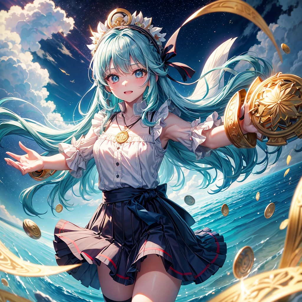 Aqua blue hair、Golden Eyes、Braid、One good looking girl、solo、anime、Checkered mini skirt、Ruffles on the skirt、Red T-shirt、Cape、Gothic、Black knee-high socks、bandana、Fluffy clothes、Wearing a ribbon、Ribbon on waist、Tilting face、Teeth are visible、Sunset sky、Piercing the clouds、Contrail、lotus leaves、Cumulonimbus、Pillar of Light、Silver coin necklace、A world of light、Spreading his arms for balance、shine、From above、Hell's Gate、Chomp