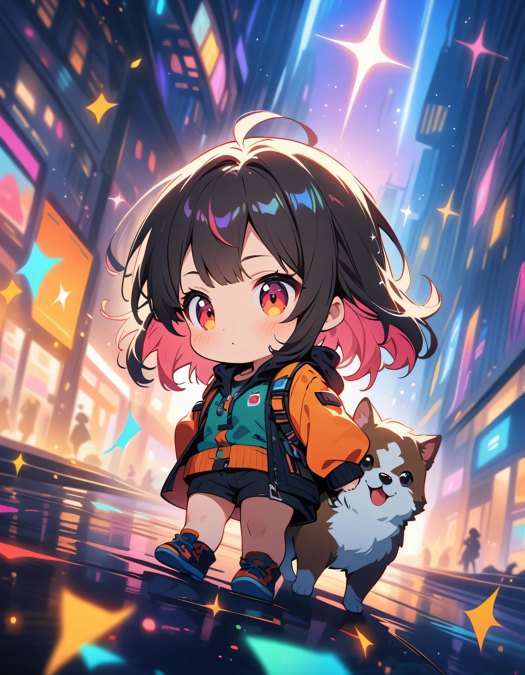 (best quality, 4K, high details, high quality:1.2), UHD, (retina:1.1), cinematic lighting, colorful sparkle, depth of field, f/2.8, 35mm, cute adventurous girl traveling with a dog, cute, chibi,  adventure