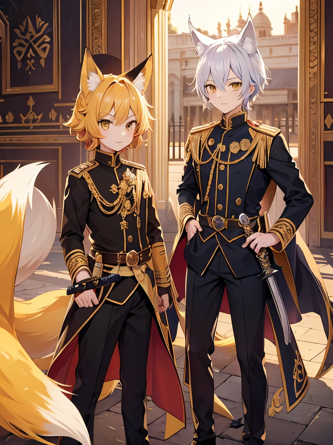 Royal Palace Gate, two boys, different hairstyles, different hair colors, yellow eyes, Holding a sword, fox ears, yellow eyes, fox tail, royal guard uniform