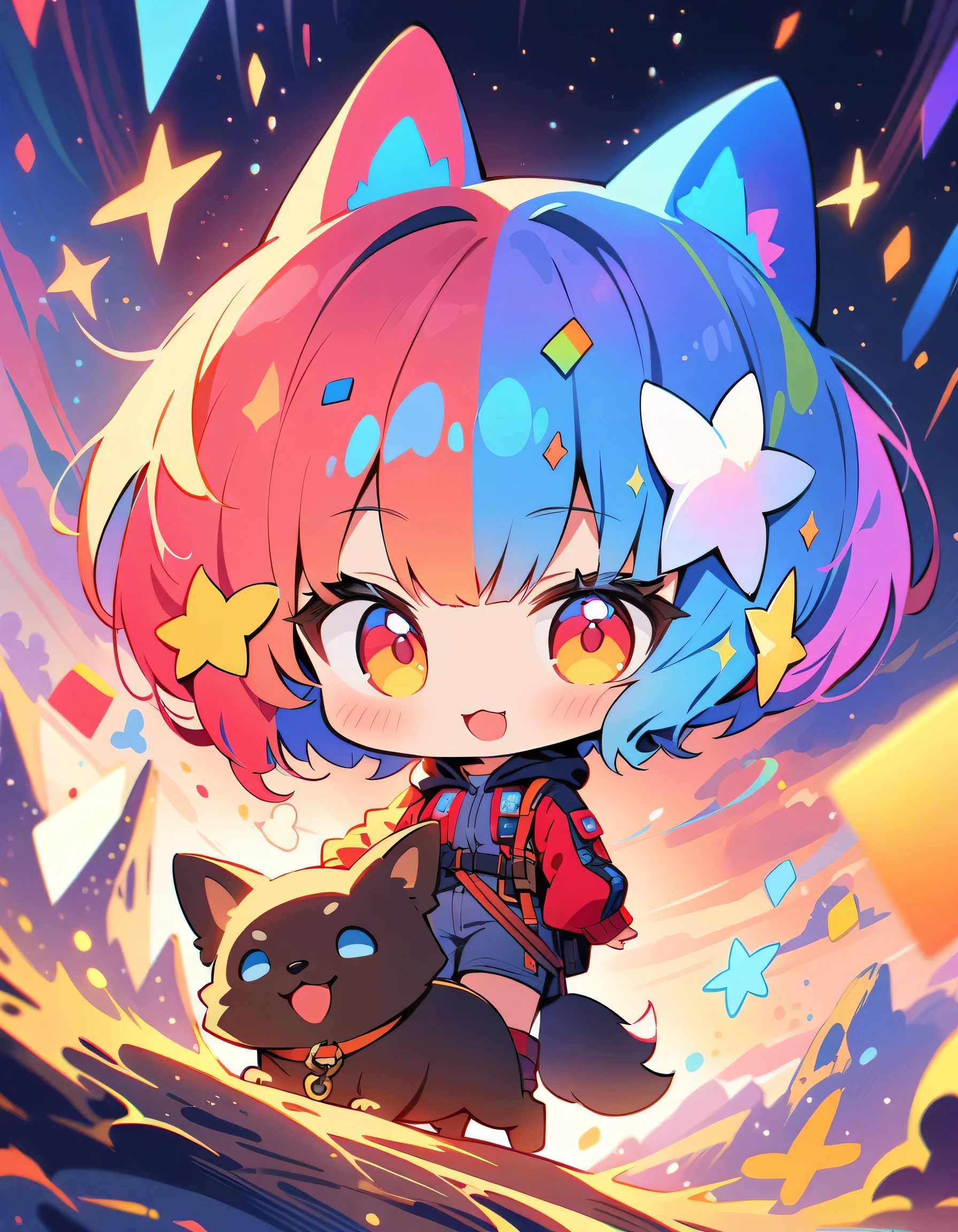 (best quality, 4K, high details, high quality:1.2), UHD, (retina:1.1), cinematic lighting, colorful sparkle, depth of field, f/2.8, 35mm, cute adventurous girl traveling with a dog, cute, chibi, adventure