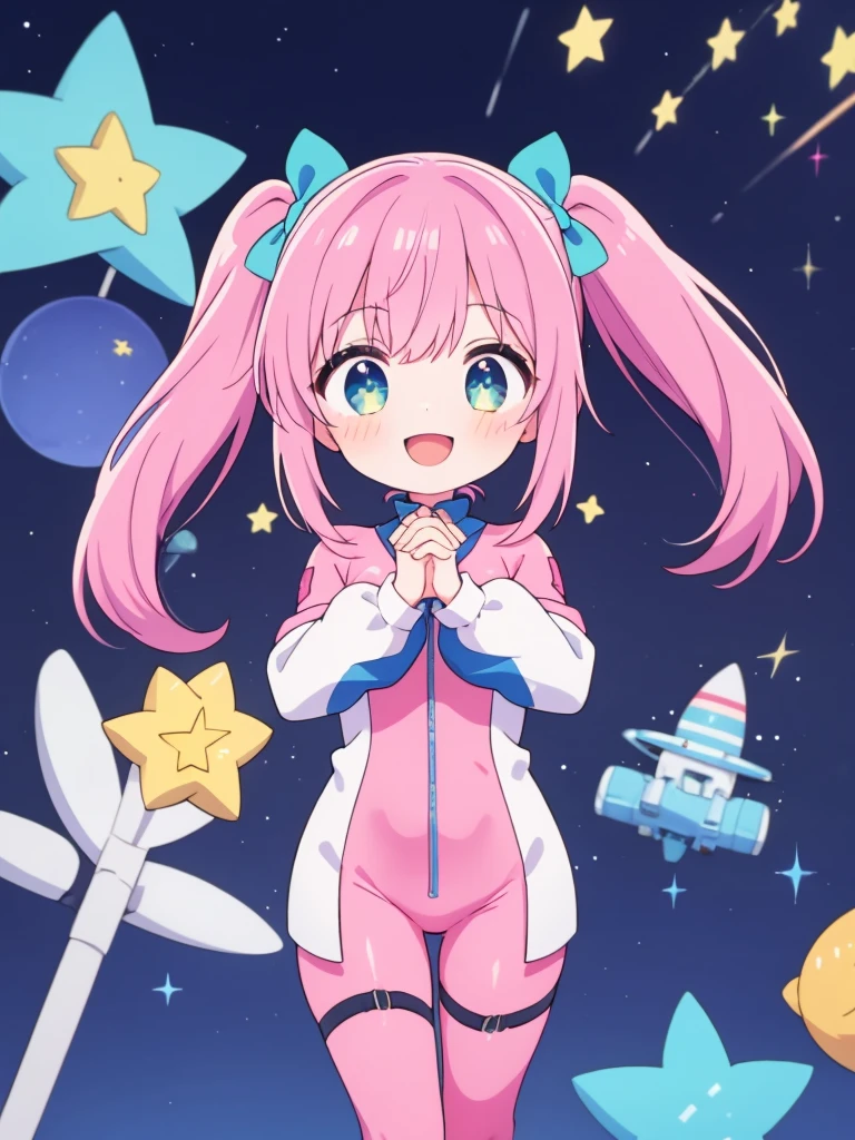 Little、Girl Solo:1.5、Esbian all over、Long twin tails:1.5、Star Bow、Pink bodysuit、special、Pose with index fingers of both hands together、Laughter、Rocket launch、Sparkling、Outer space、planet、deep、Warm Light
