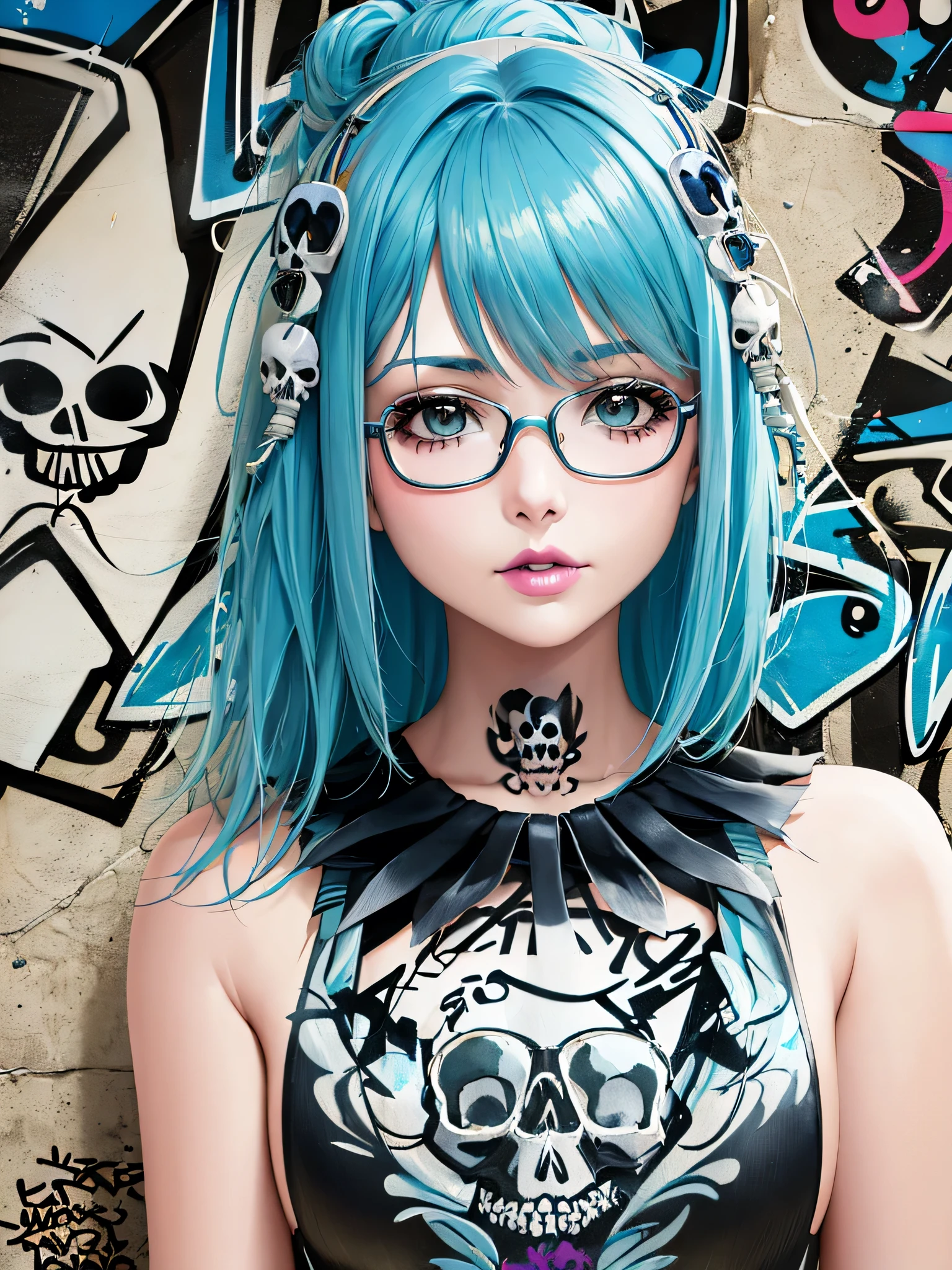 Masayo style, 8K quality, watercolor painting, stylish design, (((The strongest beautiful girl of all time)))、Idol、clear, stylish glasses, Fashionable hats, (((highest quality))), bob hair, lips in love, HDR, ((Detailed details)), (((skull fashion))), detailed clothing texture, (((graffiti art))), colorful hair, ((masterpiece))、((Super detailed))