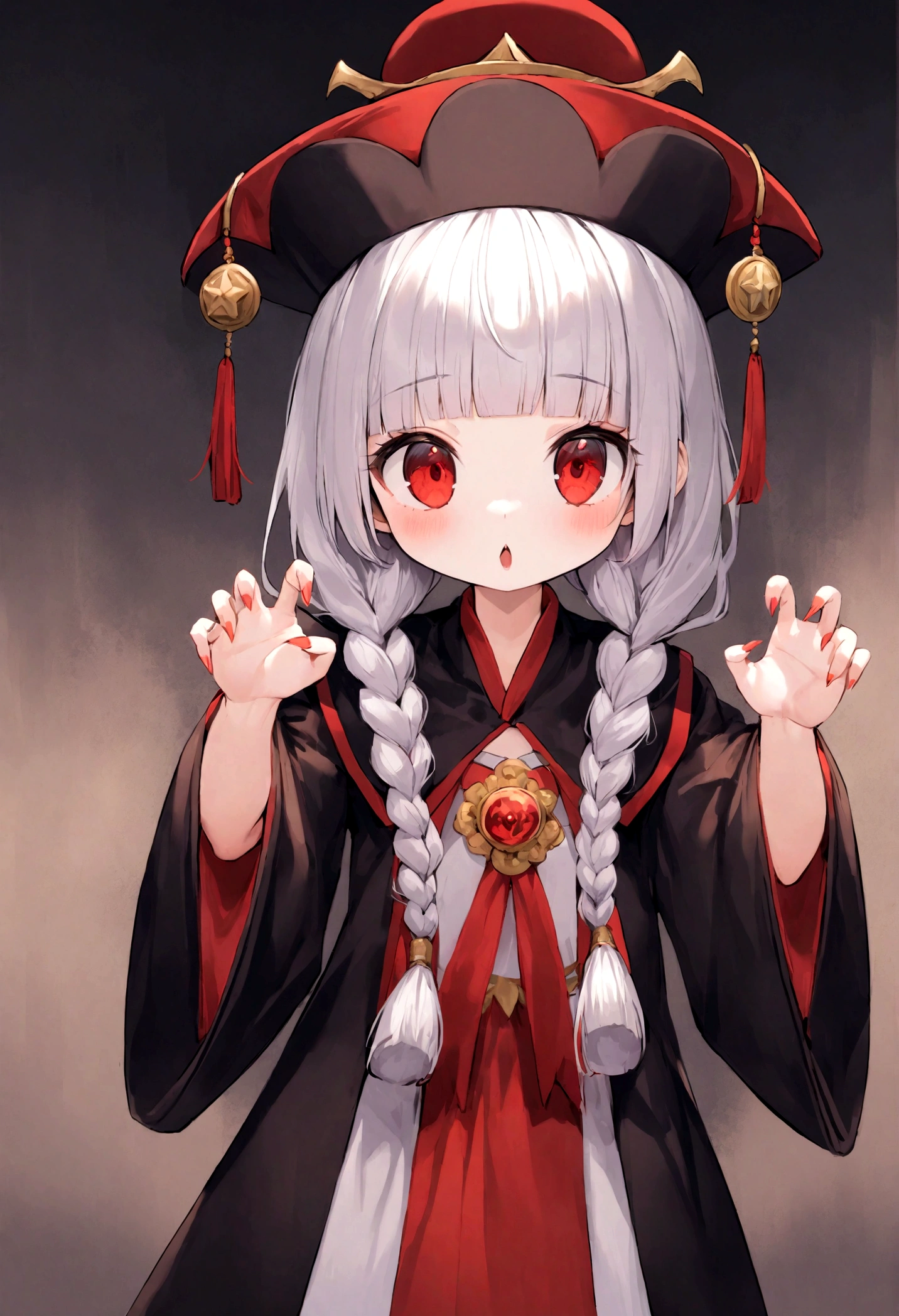 A high-resolution, photographic portrait of a cute, beautiful Japanese girl embodying the traditional Chinese jiangshi (hopping vampire). She stands solo, striking a captivating claw pose that exudes both charm and an eerie aura. Her twin braids with blunt bangs frame her face perfectly, showcasing her striking red eyes which add a mystical touch to her character.
She wears a traditional qingdai guanmao (official's hat) adorned with an ofuda (a paper talisman), symbolizing her role as a jiangshi. Her attire consists of authentic Chinese clothes — richly detailed with intricate patterns that reflect the cultural heritage. To complete her captivating appearance, she has small, delicate fangs that peek out subtly, enhancing her cute yet supernatural essence.