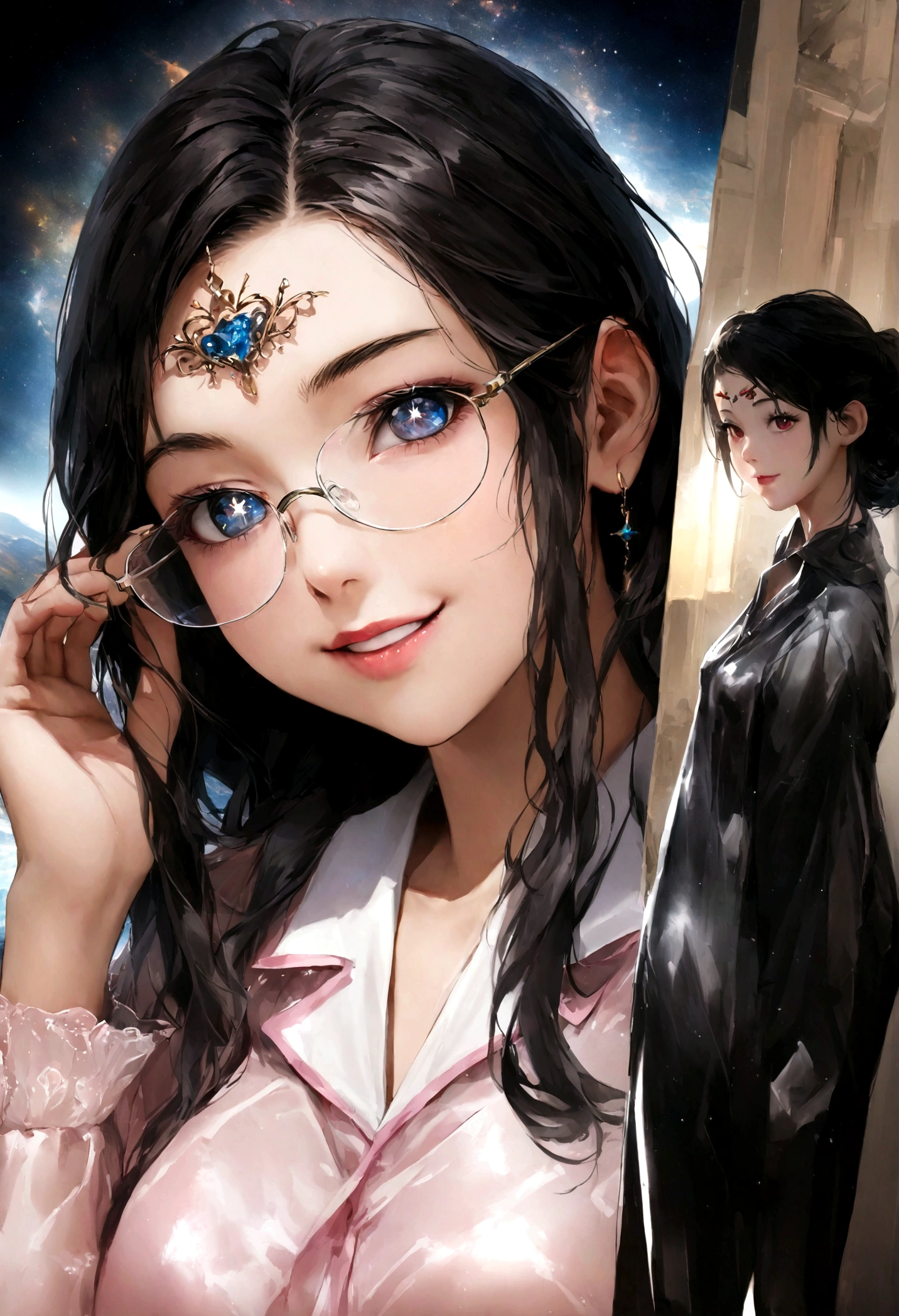1girll,(enchanced quality:1.4),(Top quality true texture skin),Black hair, Gradient hair, body, There are precious stones on the forehead, rimless eyewears, Sparkling pupils,long eyelasher, Delicate face,grin, hyper photorealism, Cinematic lighting, projected inset, surrealism, hyper HD, Masterpiece, 16k,Lie down,dream on,Wear transparent silk pajamas,Carmelto,Legs slightly open,Tattooed with,Fantasy space,Luxurious space