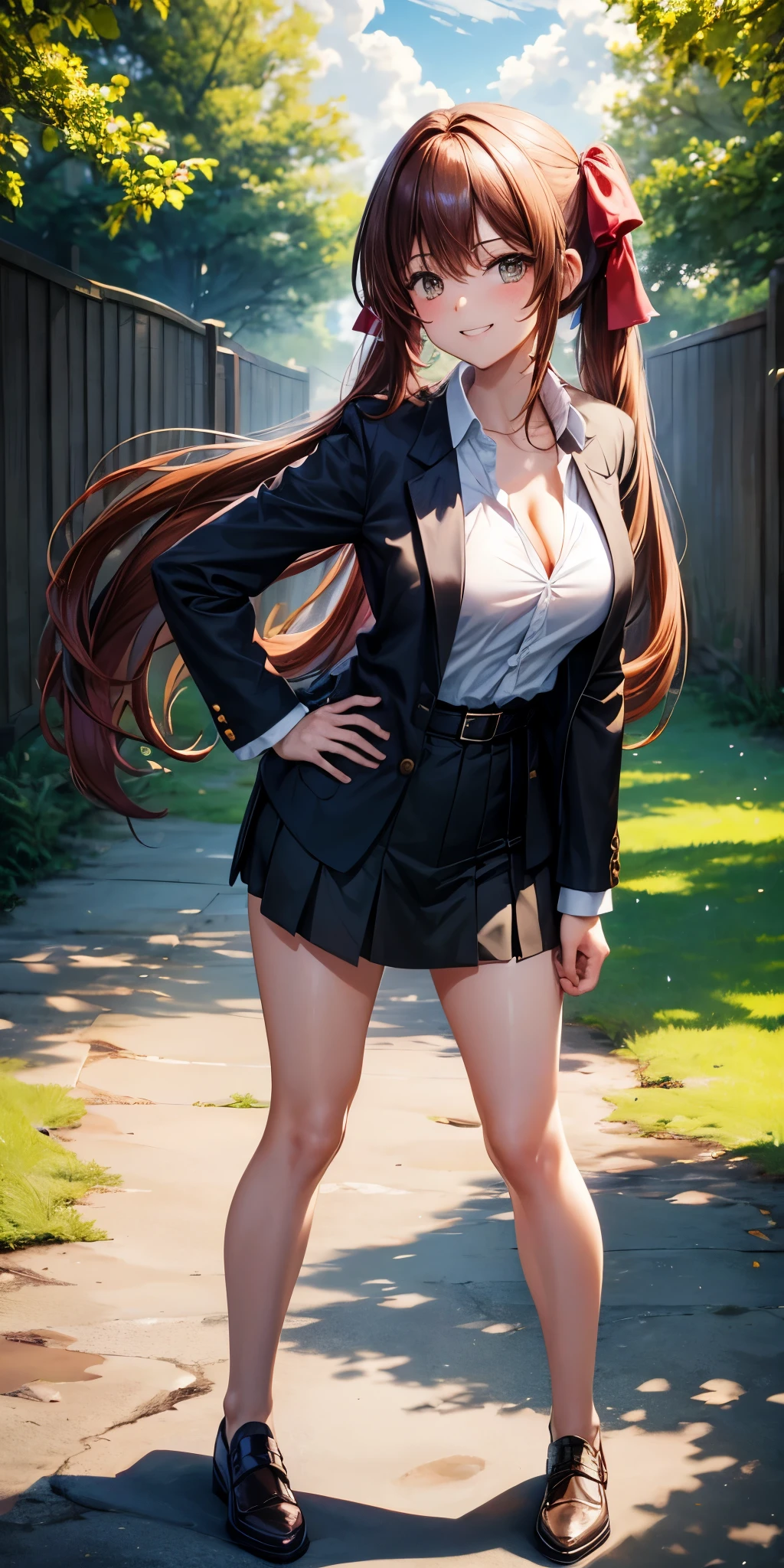 1girl, ((full body)), solo, summer, village, trees, sun, clouds, ((chestnutl hair)), long hair, twintail, large breasts, ((black blazer)), button down shirt, ((white shirt)), ((short sleeved shirt)), ((unbuttoned shirt)), unbuttoning buttons, cleavage 1:3, brown eyes, skirt, grin, looking at the viewer, standing, touching neck, hair ribbon, golden necklate, hands on hip