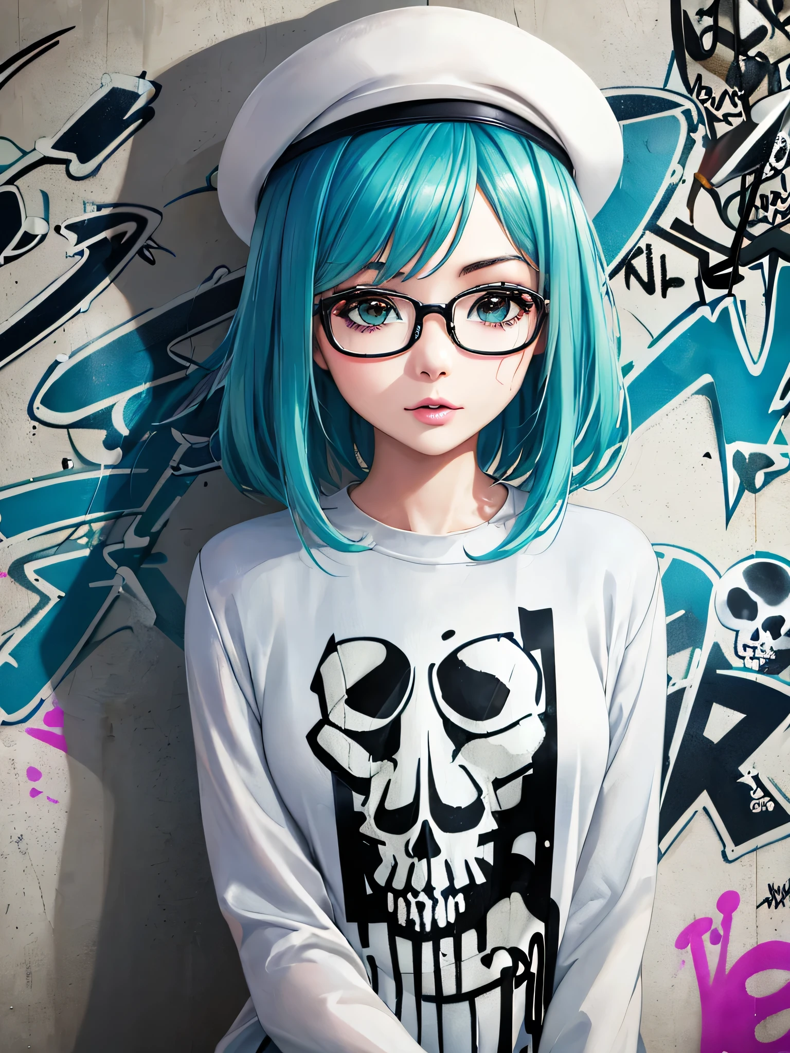 Masayo style, 8K quality, watercolor painting, stylish design, (((The strongest beautiful girl of all time)))、Idol、clear, stylish glasses, Fashionable hats, (((highest quality))), bob hair, lips in love, HDR, ((Detailed details)), (((skull fashion))), detailed clothing texture, (((graffiti art))), colorful hair, ((masterpiece))、((Super detailed))