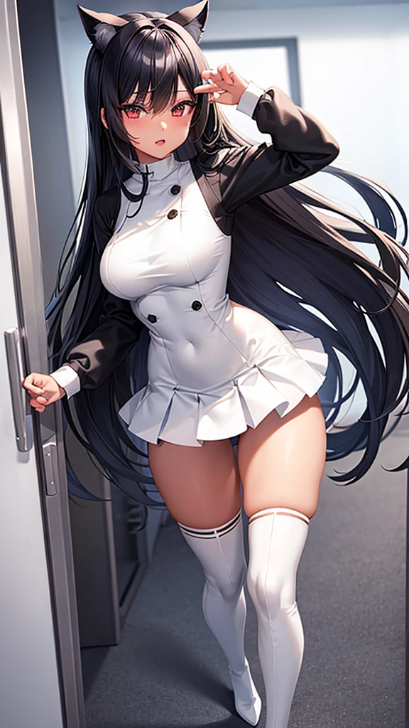 av idol, sole_female, 25-yearrs old black woman, slender_figure, medium_breasts, long black hair with bangs in aponytail, wearing a white Fit and flare dress, white knee high boots, standing in a office, high_resolution, bright lights, front of door, fighting pose