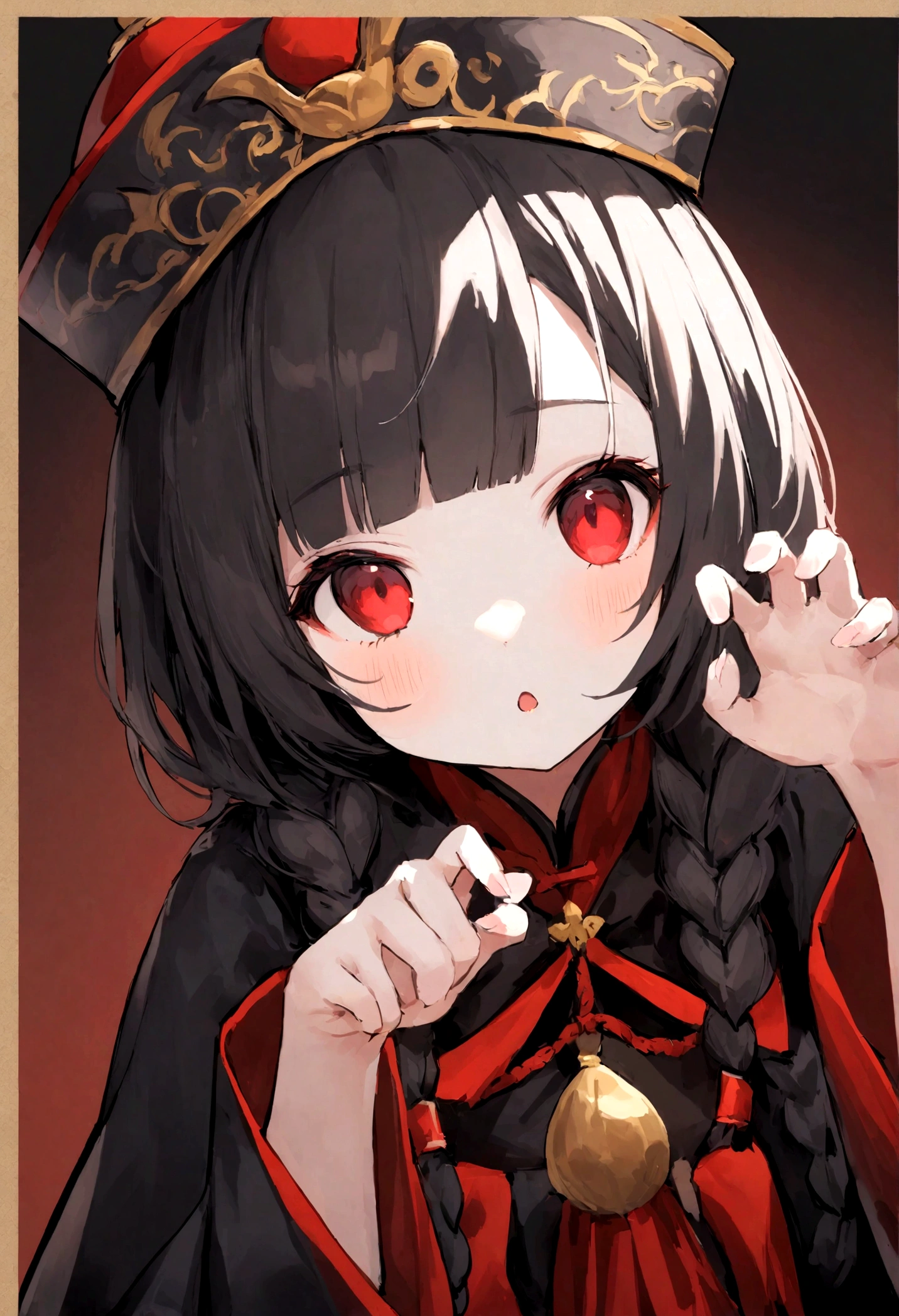 A high-resolution, photographic portrait of a cute, beautiful Japanese girl embodying the traditional Chinese jiangshi (hopping vampire). She stands solo, striking a captivating claw pose that exudes both charm and an eerie aura. Her twin braids with blunt bangs frame her face perfectly, showcasing her striking red eyes which add a mystical touch to her character.
She wears a traditional qingdai guanmao (official's hat) adorned with an ofuda (a paper talisman), symbolizing her role as a jiangshi. Her attire consists of authentic Chinese clothes — richly detailed with intricate patterns that reflect the cultural heritage. To complete her captivating appearance, she has small, delicate fangs that peek out subtly, enhancing her cute yet supernatural essence.