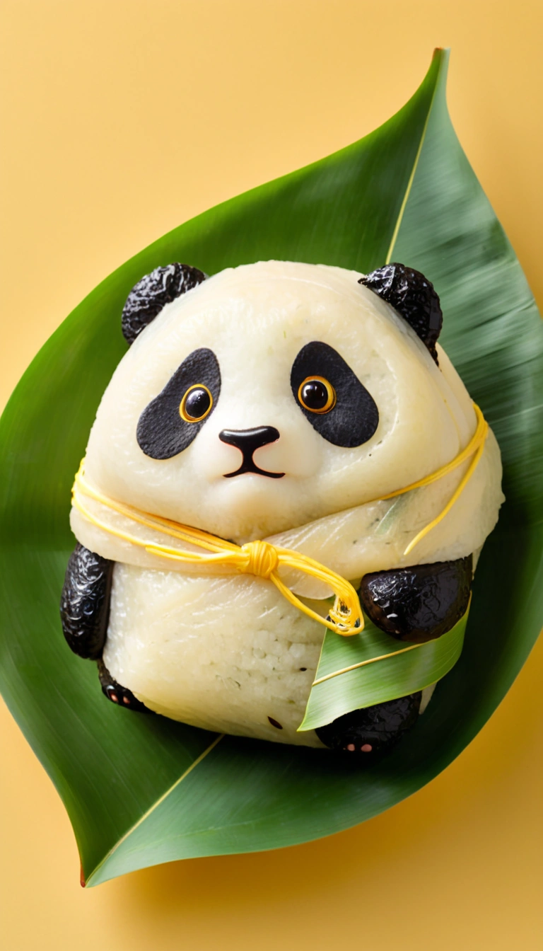 A panda-shaped rice dumpling, zoingzi, Glutinous rice texture, Light yellow, (((the lower half of the body is wrapped in tapered leaves))), made of glutinous rice, has a cute expression, the head sticking out of the leaves, equidistant, cartoon-style, Macro Lens, studio light, bold color scheme