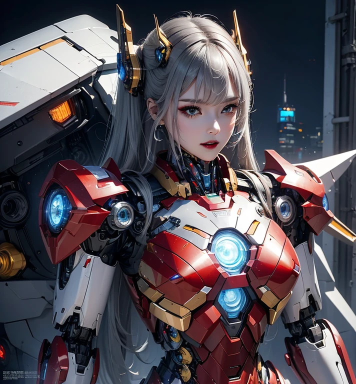  Super detailed, advanced details, high quality, 最high quality, High resolution, 1080P, hard disk, beautiful,(Iron Girl),Beautiful cyborg woman,Mecha cyborg girl,battle mode,Mecha body girl,She wears an Iron Man mech,full body shot