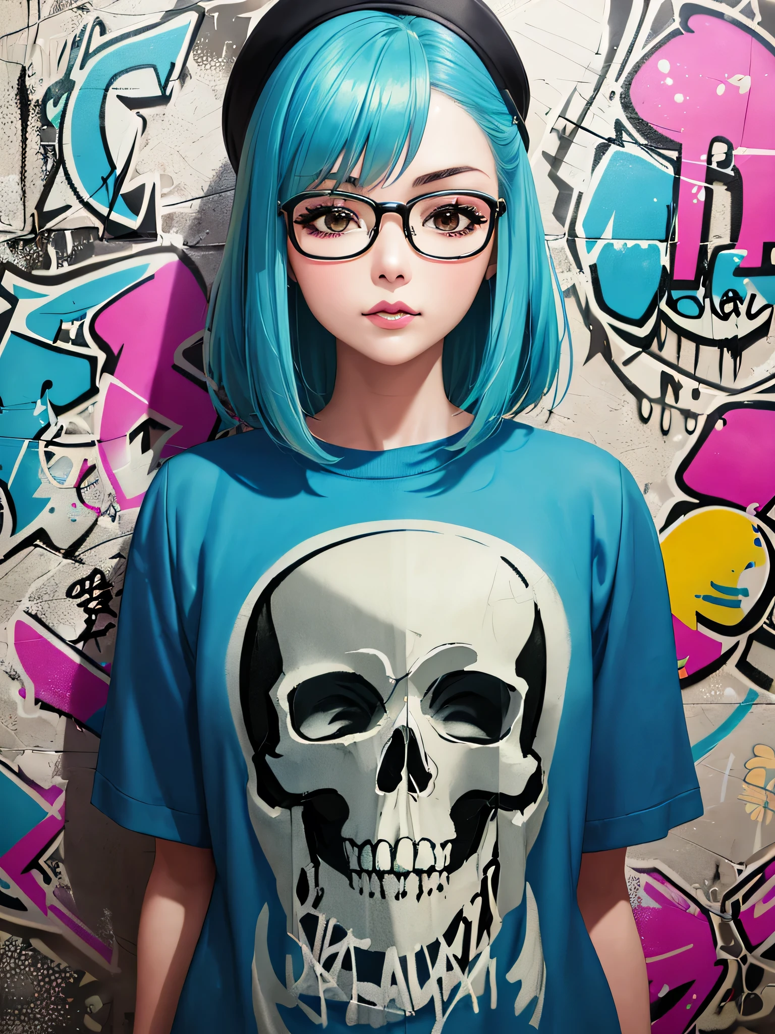 Masayo style, 8K quality, watercolor painting, stylish design, (((The strongest beautiful girl of all time)))、Idol、clear, stylish glasses, Fashionable hats, (((highest quality))), bob hair, lips in love, HDR, ((Detailed details)), (((skull fashion))), detailed clothing texture, (((graffiti art))), colorful hair, ((masterpiece))、((Super detailed))