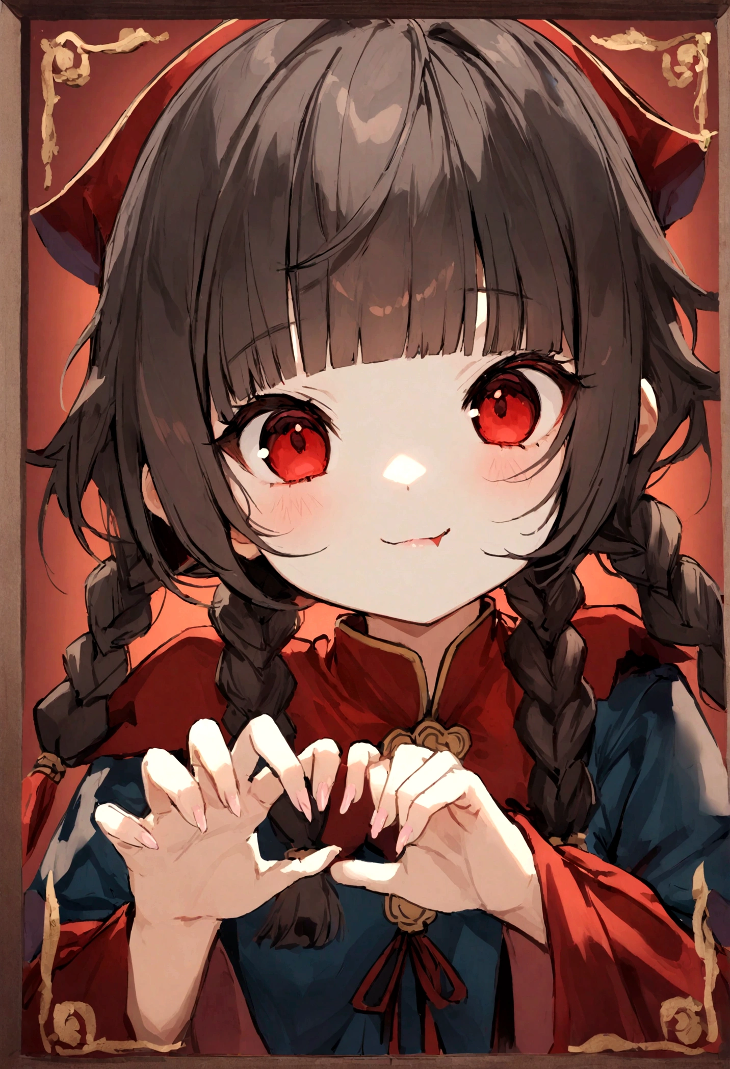 A high-resolution, photographic portrait of a cute, beautiful Japanese girl embodying the traditional Chinese jiangshi (hopping vampire). She stands solo, striking a captivating claw pose that exudes both charm and an eerie aura. Her twin braids with blunt bangs frame her face perfectly, showcasing her striking red eyes which add a mystical touch to her character.
She wears a traditional qingdai guanmao (official's hat) adorned with an ofuda (a paper talisman), symbolizing her role as a jiangshi. Her attire consists of authentic Chinese clothes — richly detailed with intricate patterns that reflect the cultural heritage. To complete her captivating appearance, she has small, delicate fangs that peek out subtly, enhancing her cute yet supernatural essence.