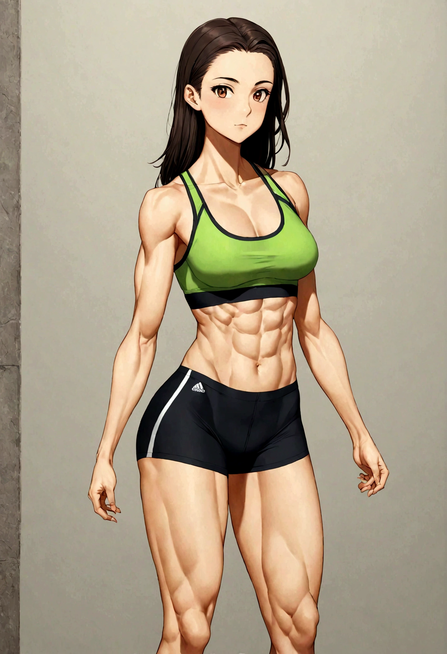 An 18-year-old girl with an athletic yet feminine figure, of medium or above-average height, with toned but not overly muscular shoulders, arms, and legs, a slim waist, and noticeable but well-proportioned 5-sized breasts.