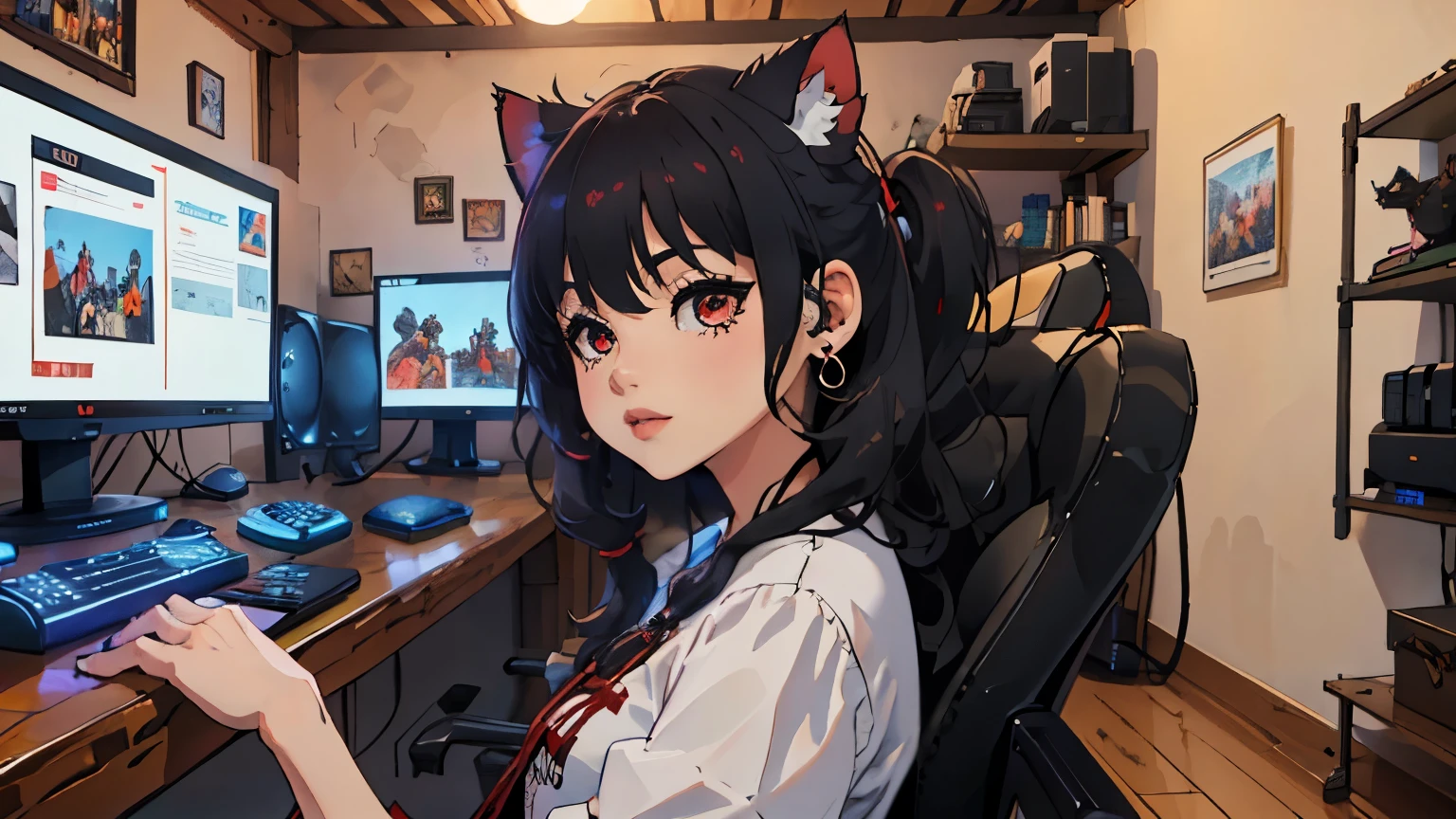 (junkotvv, pelo negro, flequillo, ((orejas de gato)), ojos rojos), in the foreground a villager is using a gaming computadora inside a peasant house,campesinos vistiendo ropa renacentista,Estilo Dur3r,(gaming computadora monitor, teclado (computadora), cables, juegos rgb),caballos,castillo en la distancia,(orejas de gato)