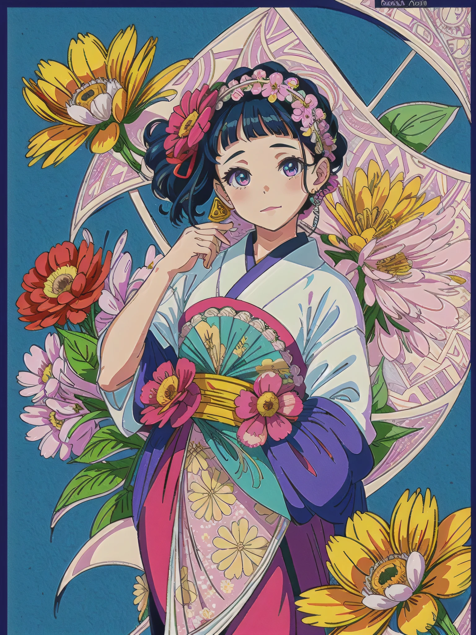 Watase Seizo style, (ultra-detailed background, detailed background), absurdres, highres, ultra detailed, extremly detailed, 1girl, (bunch of flowers:1.3), (zentangle:1.2), (geometric:1.2),(colorful), 