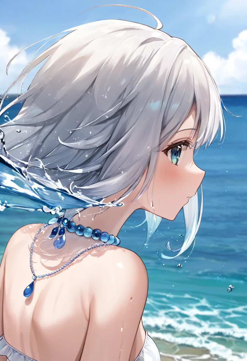 Frau nackt am Strand, nass, Water beads on body, side view, Sperma im Mund