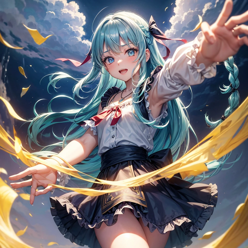 Aqua blue hair、Golden Eyes、Braid、One good looking girl、solo、anime、Checkered mini skirt、Ruffles on the skirt、Red T-shirt、Cape、Gothic、Black knee-high socks、bandana、Wearing a ribbon、Ribbon on waist、Tilting face、Teeth are visible、Sunset sky、Piercing the clouds、Contrail、lotus leaves、Cumulonimbus、Pillar of Light、Silver coin necklace、A world of light、Spreading his arms for balance、shine、From above、Hell's Gate、Chomp