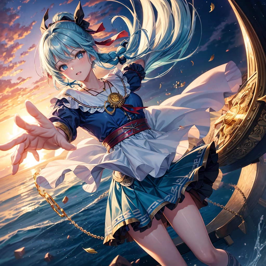 Aqua blue hair、Golden Eyes、Braid、One good looking girl、solo、anime、Checkered mini skirt、Ruffles on the skirt、Red T-shirt、Cape、Gothic、Black knee-high socks、bandana、Wearing a ribbon、Ribbon on waist、Tilting face、Teeth are visible、Sunset sky、Piercing the clouds、Contrail、lotus leaves、Cumulonimbus、Pillar of Light、Silver coin necklace、A world of light、Spreading his arms for balance、shine、From above、Hell&#39;s Gate、Chomp