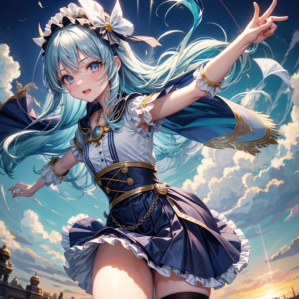 Aqua blue hair、Golden Eyes、Braid、One good looking girl、solo、anime、Checkered mini skirt、Ruffles on the skirt、Red T-shirt、Cape、Gothic、Black knee-high socks、bandana、Wearing a ribbon、Ribbon on waist、Tilting face、Teeth are visible、Sunset sky、Piercing the clouds、Contrail、lotus leaves、Cumulonimbus、Pillar of Light、Silver coin necklace、A world of light、Spreading his arms for balance、shine、From above、Hell's Gate、Chomp