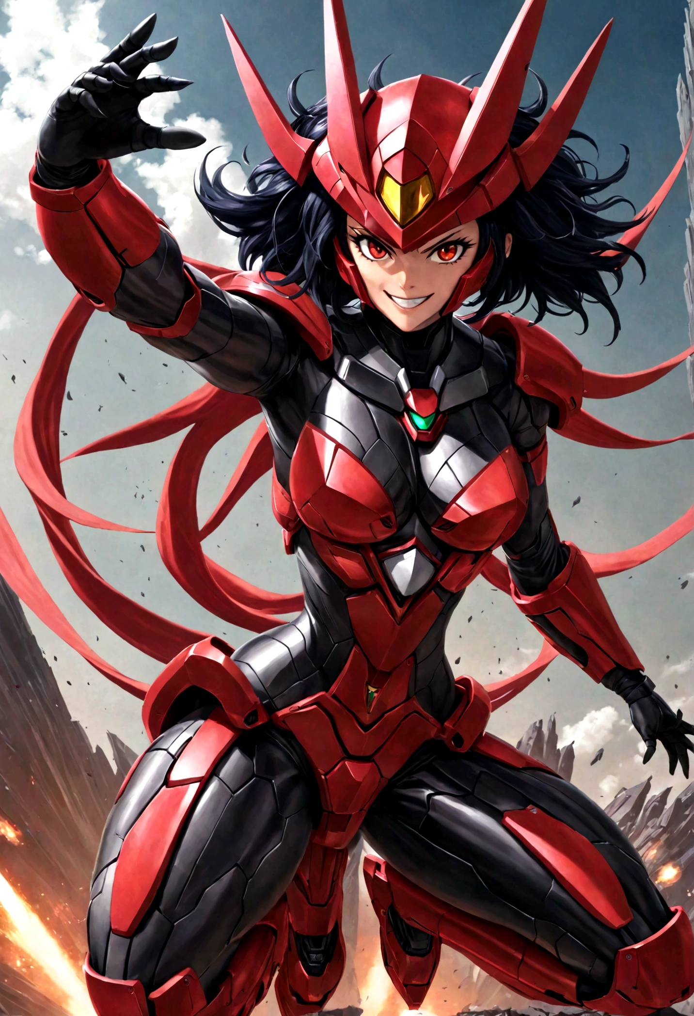 futuristic lady super villain in gundam helmet, iconic ninja stance, red eyes, grin, jumping uhd, 8k, epicrealism, 