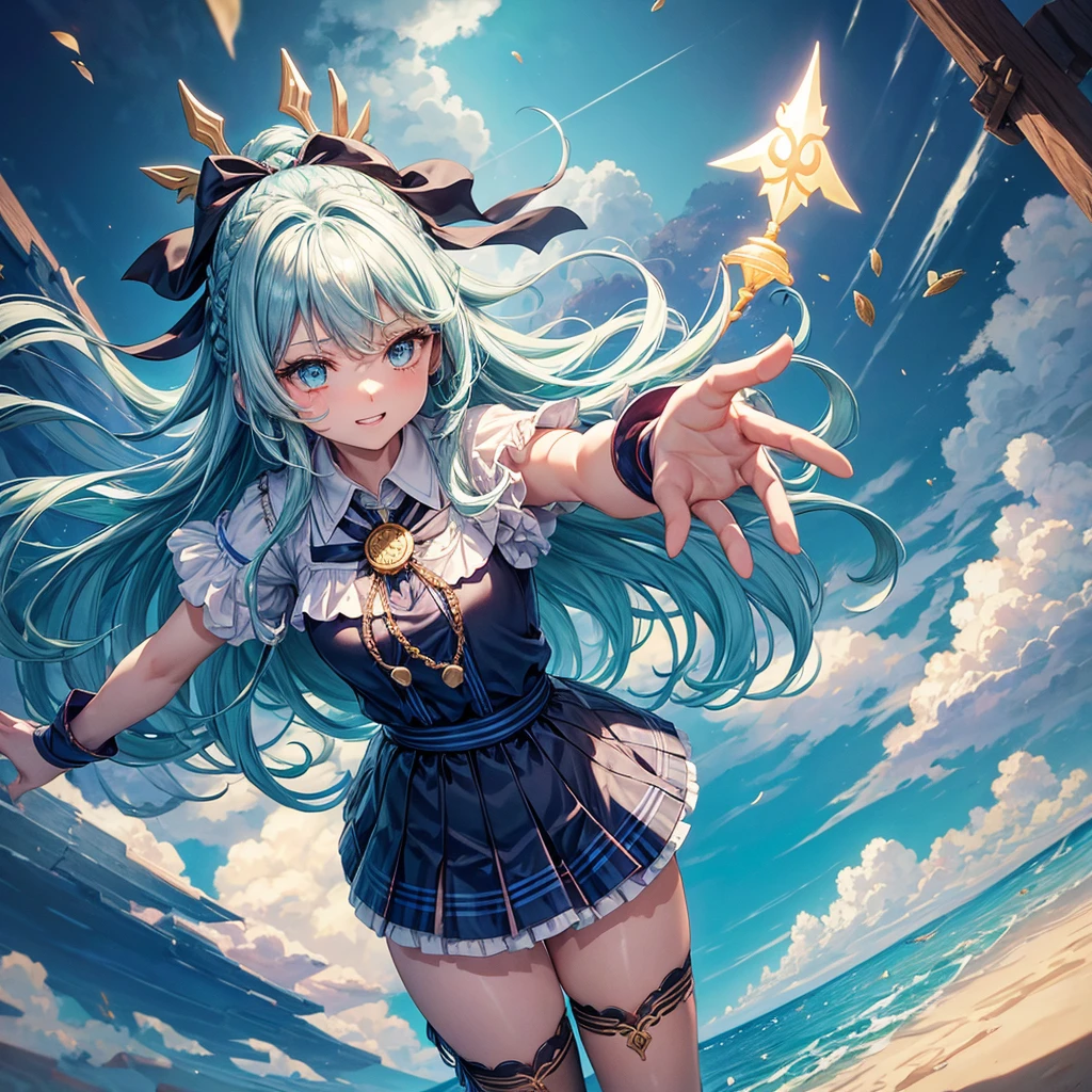 Aqua blue hair、Golden Eyes、Braid、One good looking girl、solo、anime、Checkered mini skirt、Ruffles on the skirt、Red T-shirt、Cape、Gothic、Black knee-high socks、bandana、Fluffy clothes、Wearing a ribbon、Ribbon on waist、Tilting face、Teeth are visible、Sunset sky、Piercing the clouds、Contrail、lotus leaves、Cumulonimbus、Pillar of Light、Silver coin necklace、A world of light、Spreading his arms for balance、shine、From above、Hell's Gate、Chomp、bell
