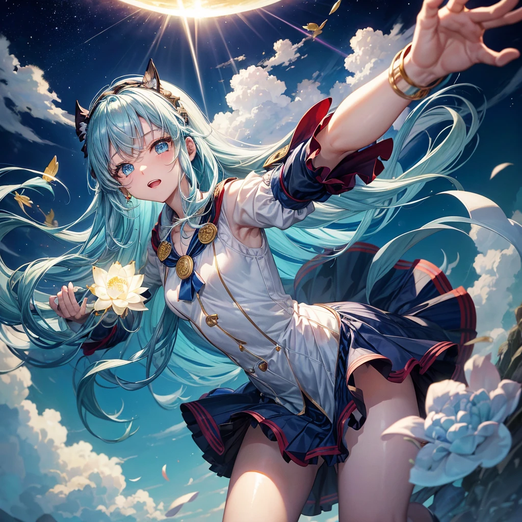 Aqua blue hair、Golden Eyes、Braid、One good looking girl、solo、anime、Checkered mini skirt、Ruffles on the skirt、Red T-shirt、Cape、Gothic、Black knee-high socks、bandana、Fluffy clothes、Wearing a ribbon、Ribbon on waist、Tilting face、Teeth are visible、Sunset sky、Piercing the clouds、Contrail、lotus leaves、Cumulonimbus、Pillar of Light、Silver coin necklace、A world of light、Spreading his arms for balance、shine、From above、Hell&#39;s Gate、Chomp、bell