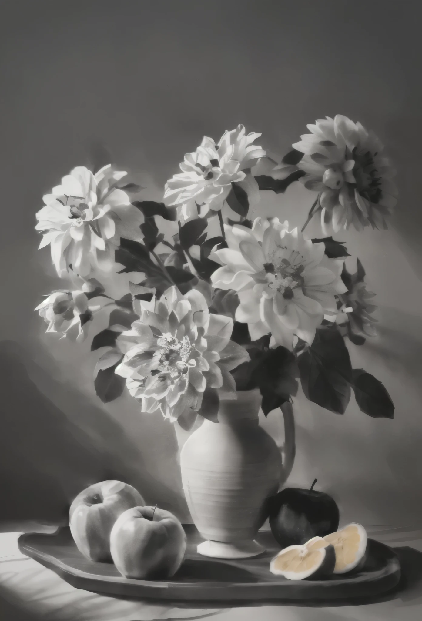 grey，sketch（black and white：1.5）, crayon art, sketch, rough sketch, detailed penciling,sketch， still life photography, Vase with flowers, Still Life with Flowers, Fruits and flowers, , Still life photo studio，Made from flowers and fruits, Flowers in a vase