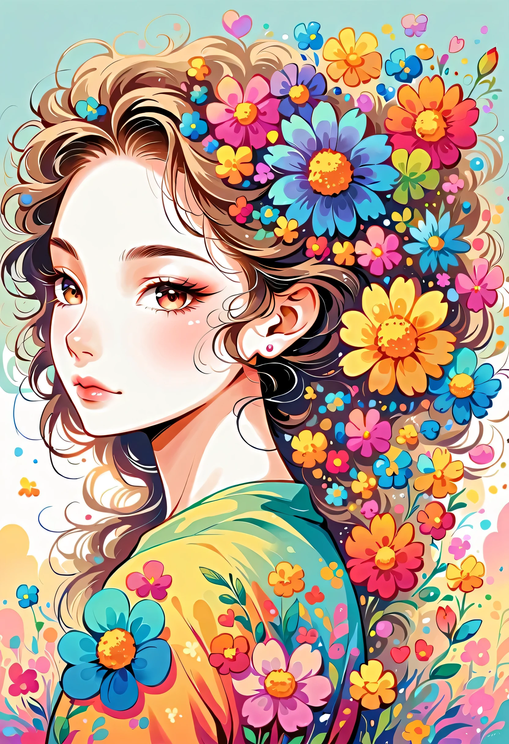 Yomu style, The most beautiful girl of all time,Lips in Love, colorful flowers, Simple Line Initialism,Abstract art,Urban Background