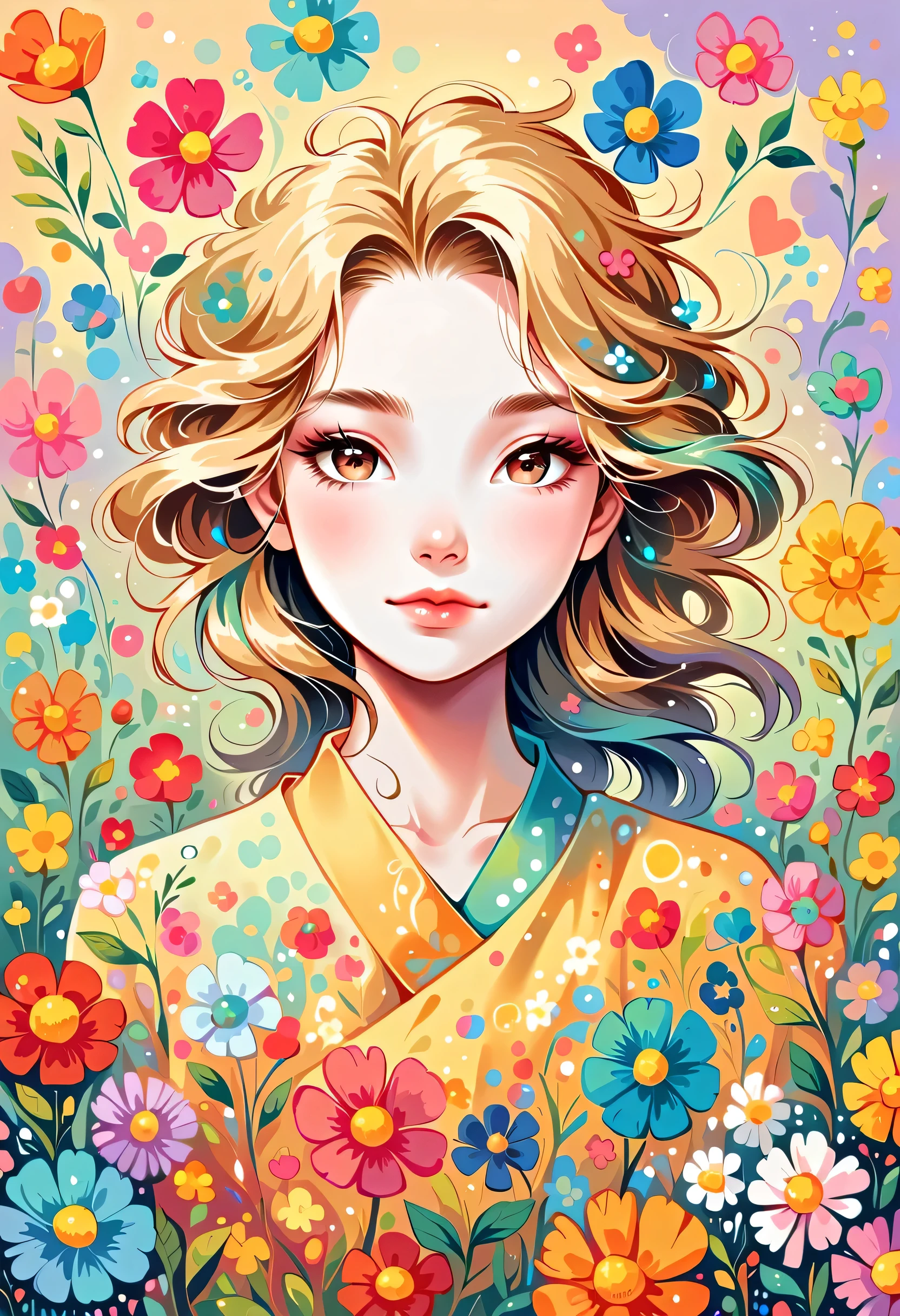 Yomu style, The most beautiful girl of all time,Lips in Love, colorful flowers, Simple Line Initialism,Abstract art,Urban Background