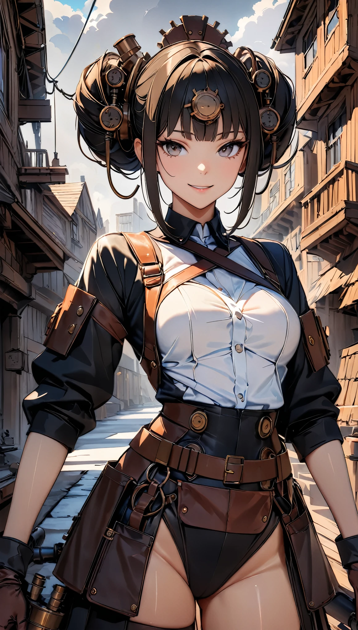 ((highest quality, 8k, masterpiece :1.3)), One girl, smile, (((Woman warrior:1.2, Detailed Weapons, Combat Uniform))), (((steampunk))), city, Crowded buildings, exposed gear and pipes, gear, (Thick Pipe), Covered Bridge, Gloomy Weather, chimney, Awkward mechanical device, irregular buildings,
