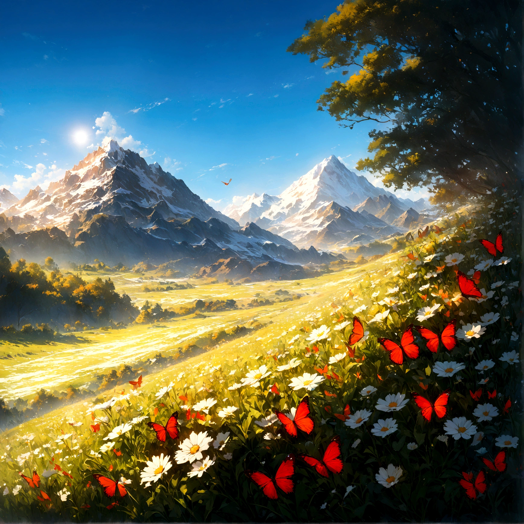 (best quality,8k,highres, masterpiece:1.2), ultra-detailed, HDR, UHD, studio lighting, ultra-fine painting, sharp focus, physically-based rendering, extreme detail description, professional, vivid colors, bokeh, portraits, concept artists, warm color palette, dramatic lighting,A cluster of small white flowers in the pasture, red butterflies flying in flocks, sunny early morning, see a snow-capped mountain range in the distance, blue sky,(silhouette art),no humans,