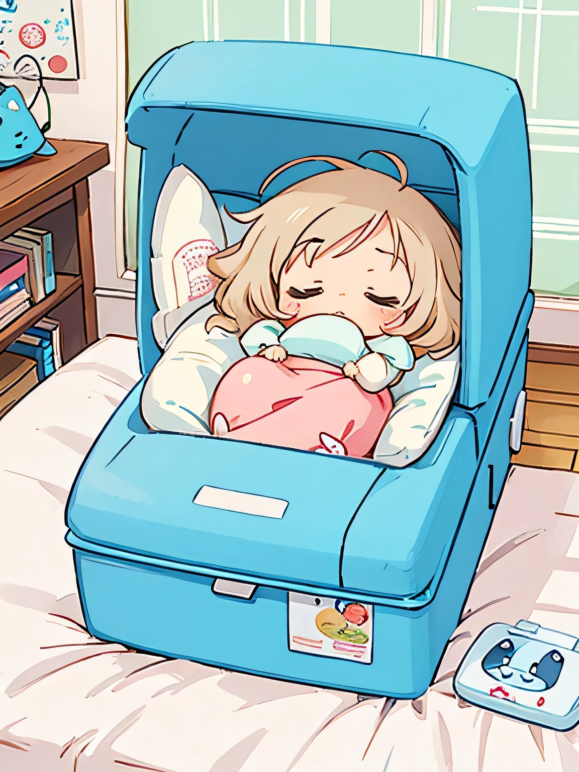 Hayao Miyazaki style, Kawaii Design, The most beautiful girl of all time、Chibi, Sick and sleeping、hospital bed