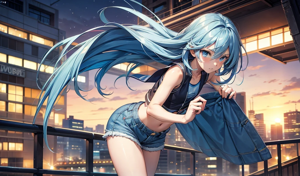 Twelve-year-old boy with long blue hair,flat chest,Very slim figure,Sports bras,Vest,Thin legs,Denim shorts,City